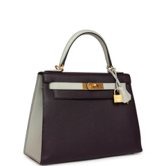 Pre-owned Hermes Special Order (HSS) Kelly Sellier 28 Raisin and Gris Perle Chevre Brushed Gold Hardware