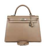 Pre-owned Hermes Kelly Sellier 35 Argile Tadelakt Guilloche Palladium Hardware - Thumbnail View 1