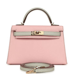Pre-owned Hermes Special Order (HSS) Kelly Sellier 20 Rose Sakura and Gris Perle Chevre Mysore Permabrass Hardware