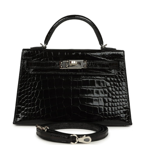 Hermes Kelly Sellier 20 Black Shiny Alligator Palladium Hardware