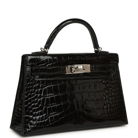 Hermes Kelly Sellier 20 Black Shiny Alligator Palladium Hardware