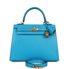 Hermes Kelly Sellier 25 Bleu Frida Chevre Mysore Gold Hardware