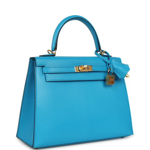 Hermes Kelly Sellier 25 Bleu Frida Chevre Mysore Gold Hardware