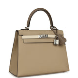 Pre-owned Hermes Kelly Sellier 25 Tri-Color Etoupe, Craie, Trench Epsom Palladium Hardware - Thumbnail View 2