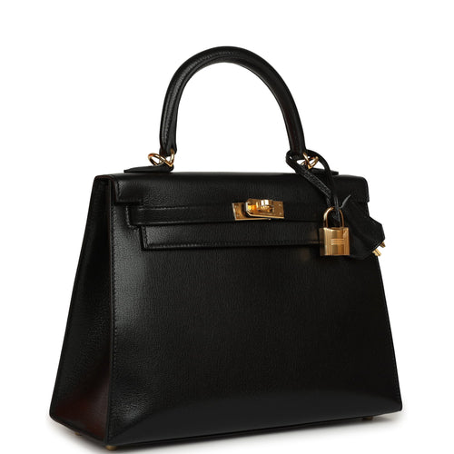 Hermes Kelly Sellier 25 Black Chevre Chamkila Gold Hardware