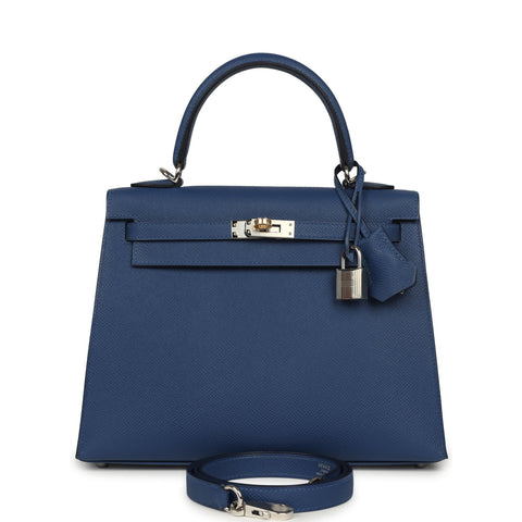 Hermes Kelly Sellier 25 Bleu Tie Epsom Electrum Hardware