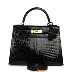 Pre-owned Hermes Kelly Sellier 28 Black Shiny Niloticus Crocodile Gold Hardware