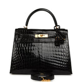 Pre-owned Hermes Kelly Sellier 28 Black Shiny Niloticus Crocodile Gold Hardware - Thumbnail View 1