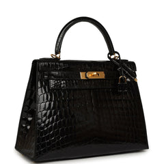 Pre-owned Hermes Kelly Sellier 28 Black Shiny Niloticus Crocodile Gold Hardware