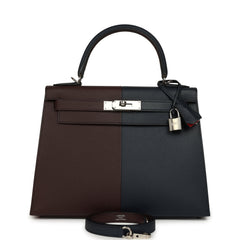 Pre-owned Hermes Kelly Sellier 28 Casaque Bleu Indigo and Rouge Sellier Epsom Palladium Hardware