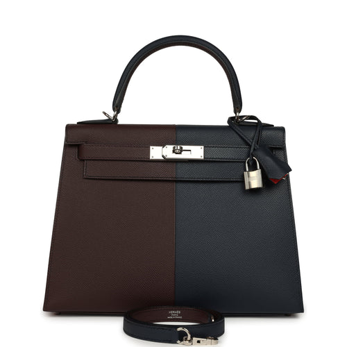 Pre-owned Hermes Kelly Sellier 28 Casaque Bleu Indigo, Rouge Sellier Epsom Palladium Hardware