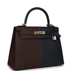 Pre-owned Hermes Kelly Sellier 28 Casaque Bleu Indigo and Rouge Sellier Epsom Palladium Hardware