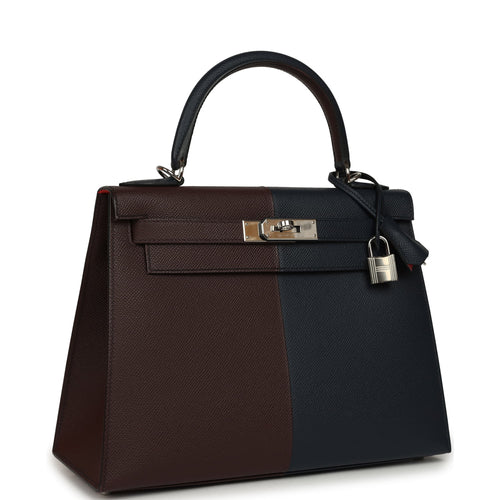Pre-owned Hermes Kelly Sellier 28 Casaque Bleu Indigo, Rouge Sellier Epsom Palladium Hardware