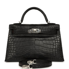 Hermes Kelly Sellier 20 Black Matte Alligator Palladium Hardware