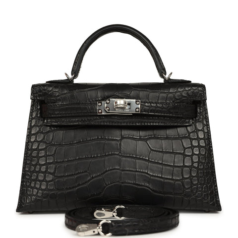 Hermes Kelly Sellier 20 Black Matte Alligator Palladium Hardware