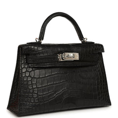 Hermes Kelly Sellier 20 Black Matte Alligator Palladium Hardware