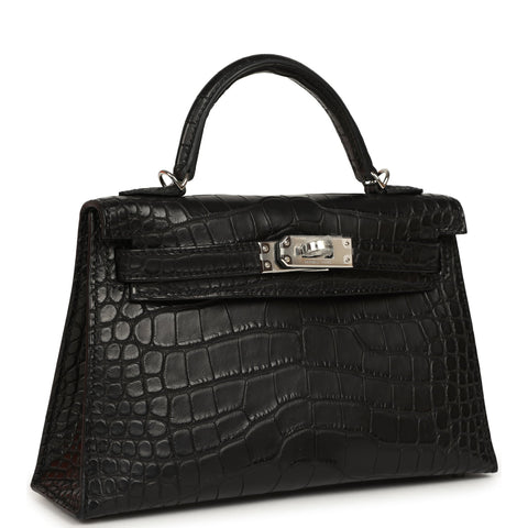 Hermes Kelly Sellier 20 Black Matte Alligator Palladium Hardware