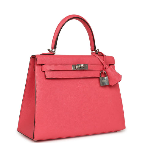Hermes Kelly Sellier 25 Rose Lipstick Chevre Mysore Palladium Hardware