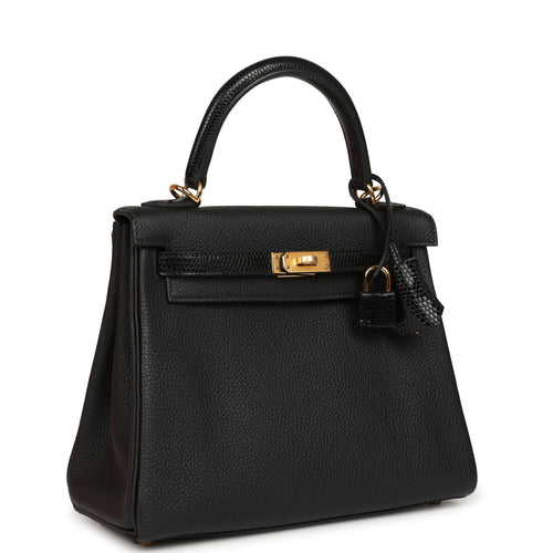 Hermes Kelly Retourne 25 Black Togo and Varanus Niloticus Lizard Touch Gold Hardware