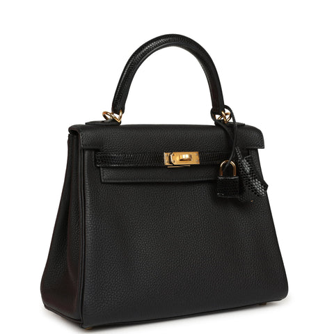 Hermes Kelly Retourne 25 Black Togo and Varanus Niloticus Lizard Touch Gold Hardware
