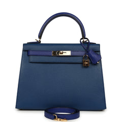 Pre-owned Hermes Special Order (HSS) Kelly Sellier 28 Bleu Electric and Bleu Saphir Chevre Mysore Permabrass Hardware