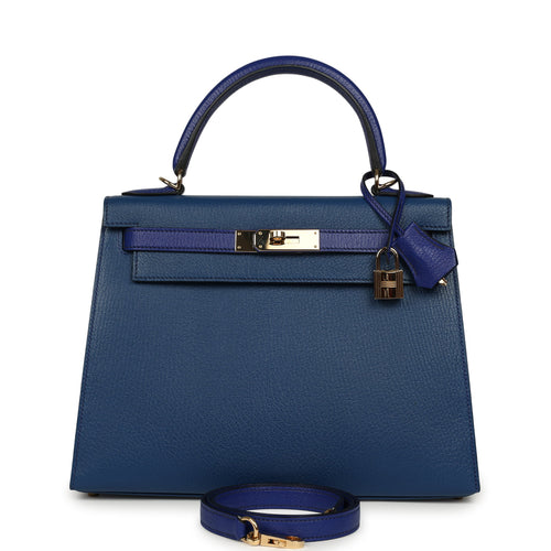 Pre-owned Hermes Special Order (HSS) Kelly Sellier 28 Bleu Electric, Bleu Saphir Chevre Mysore Permabrass Hardware