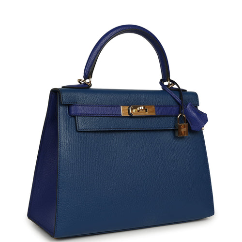 Pre-owned Hermes Special Order (HSS) Kelly Sellier 28 Bleu Electric, Bleu Saphir Chevre Mysore Permabrass Hardware