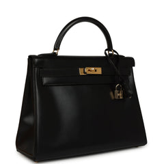 Vintage Hermes Kelly Retourne 32 Black Box Gold Hardware