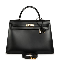 Vintage Hermes Kelly Sellier 35 Black Box Gold Hardware