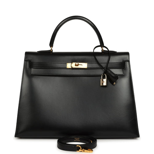 Vintage Hermes Kelly Sellier 35 Black Box Gold Hardware