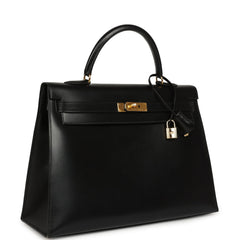 Vintage Hermes Kelly Sellier 35 Black Box Gold Hardware