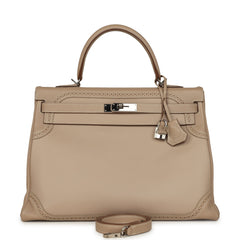 Pre-owned Hermes Ghillies Kelly Retourne 35 Argile Swift and Grain D'H Palladium Hardware