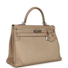 Pre-owned Hermes Ghillies Kelly Retourne 35 Argile Swift and Grain D'H Palladium Hardware