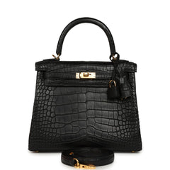 Hermes Kelly Retourne 25 Black Matte Alligator Gold Hardware