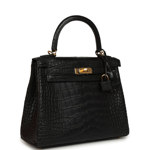 Hermes Kelly Retourne 25 Black Matte Alligator Gold Hardware