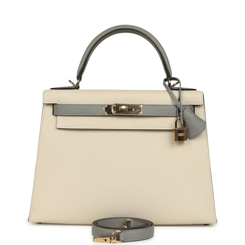Hermes Special Order (HSS) Kelly Sellier 28 Craie and Gris Mouette Epsom Permabrass Hardware