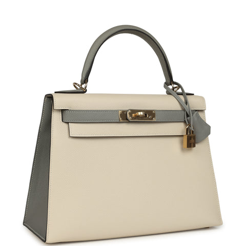 Hermes Special Order (HSS) Kelly Sellier 28 Craie and Gris Mouette Epsom Permabrass Hardware