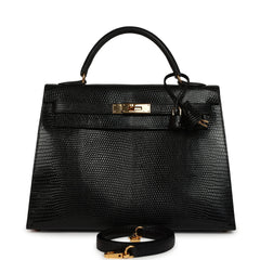 Vintage Hermes Kelly Sellier 32 Black Shiny Varanus Niloticus Lizard Gold Hardware