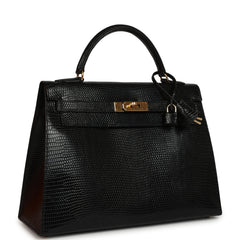 Vintage Hermes Kelly Sellier 32 Black Shiny Varanus Niloticus Lizard Gold Hardware