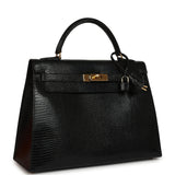 Vintage Hermes Kelly Sellier 32 Black Shiny Varanus Niloticus Lizard Gold Hardware - Thumbnail View 2