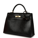 Vintage Hermes Kelly Sellier 32 Black Shiny Varanus Niloticus Lizard Gold Hardware - Thumbnail View 5