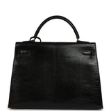 Vintage Hermes Kelly Sellier 32 Black Shiny Varanus Niloticus Lizard Gold Hardware - Thumbnail View 4