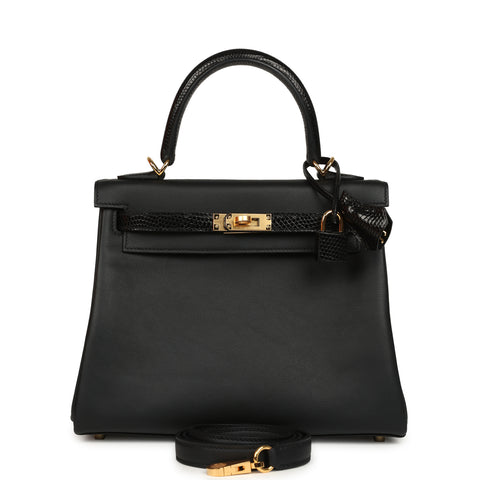 Hermes Kelly Retourne 25 Black Swift and Varanus Niloticus Lizard Touch Gold Hardware