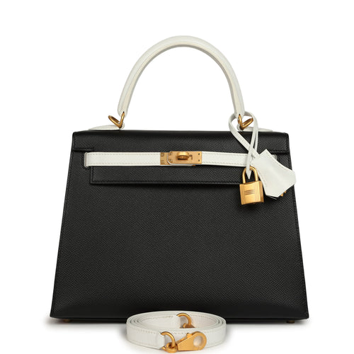 Hermes Special Order (HSS) Kelly Sellier 25 Black, White Epsom Brushed Gold Hardware