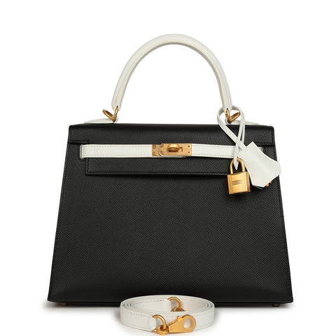 Hermes Special Order (HSS) Kelly Sellier 25 Black and White Epsom Brushed Gold Hardware