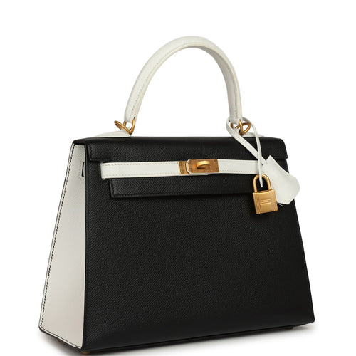Hermes Special Order (HSS) Kelly Sellier 25 Black, White Epsom Brushed Gold Hardware