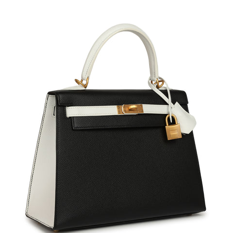 Hermes Special Order (HSS) Kelly Sellier 25 Black and White Epsom Brushed Gold Hardware