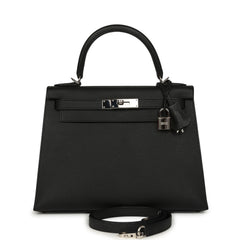 Pre-owned Hermes Kelly Sellier 28 Black Epsom Palladium Hardware