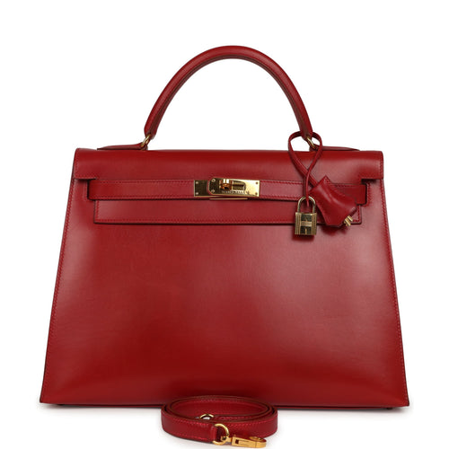 Vintage Hermes Kelly Sellier 32 Rouge Vif Box Gold Hardware