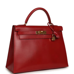 Vintage Hermes Kelly Sellier 32 Rouge Vif Box Gold Hardware